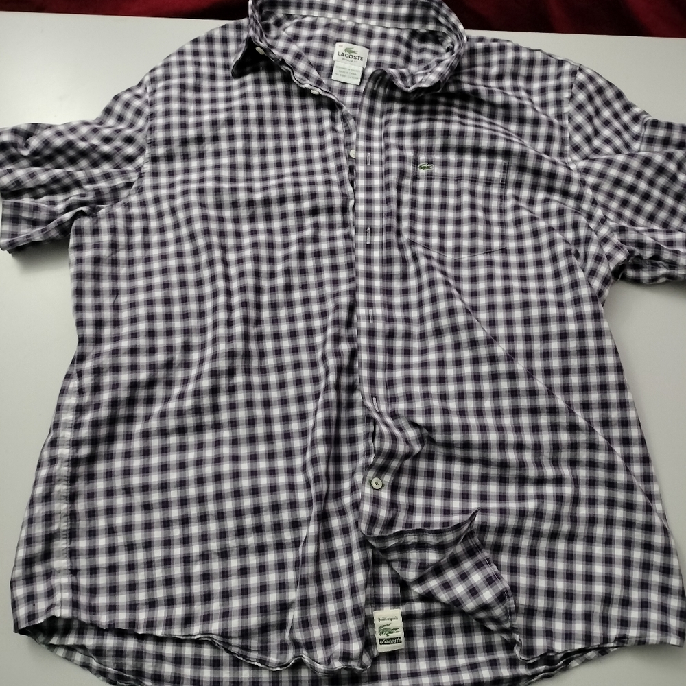 Lacoste Purple Checkers Casual Button Down Shirt Size 46
